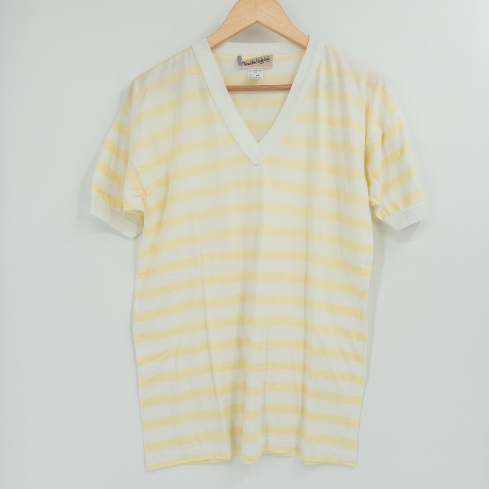 Diane von Furstenberg T-Shirt Womens M Yellow Striped V-Neck Vintage 90s Preppy